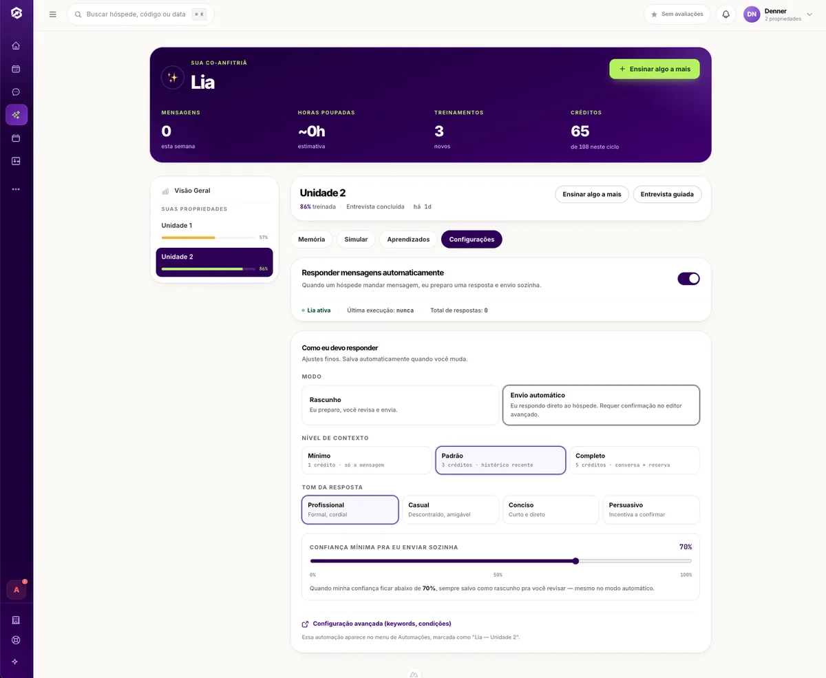 Configuração da Lia: confiança mínima para responder sozinha — você define o limite